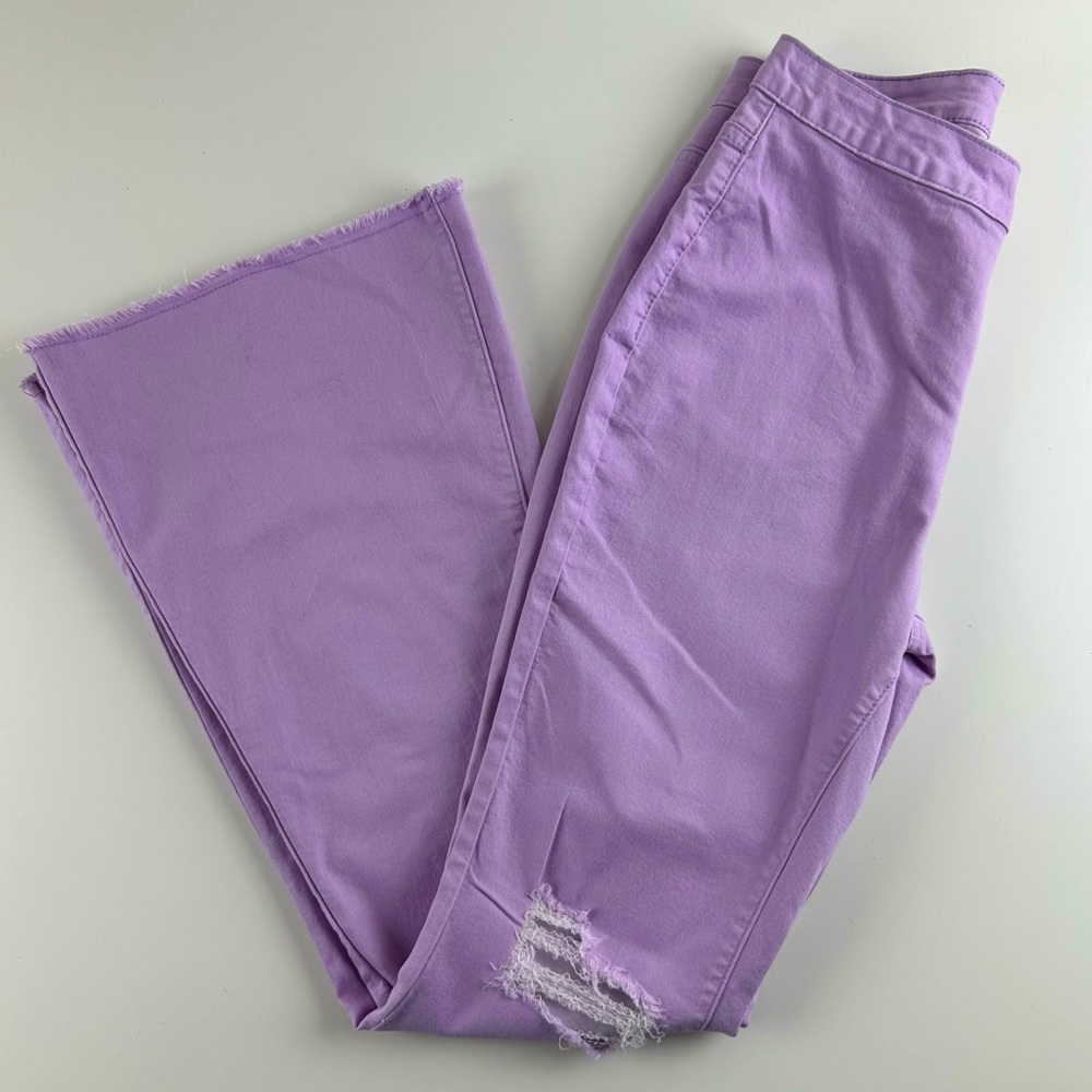 Gilpur Flare Denim Jeans Size 24 Lilac Lavender Purple Raw Hem Ripped Knee